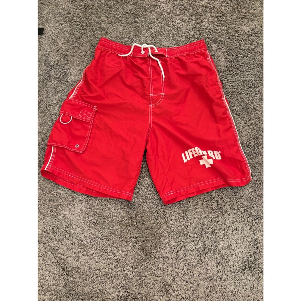 Lifeguard Mens Red Swim Trunks Board Shorts Cargo Pocket Mesh Lining Small